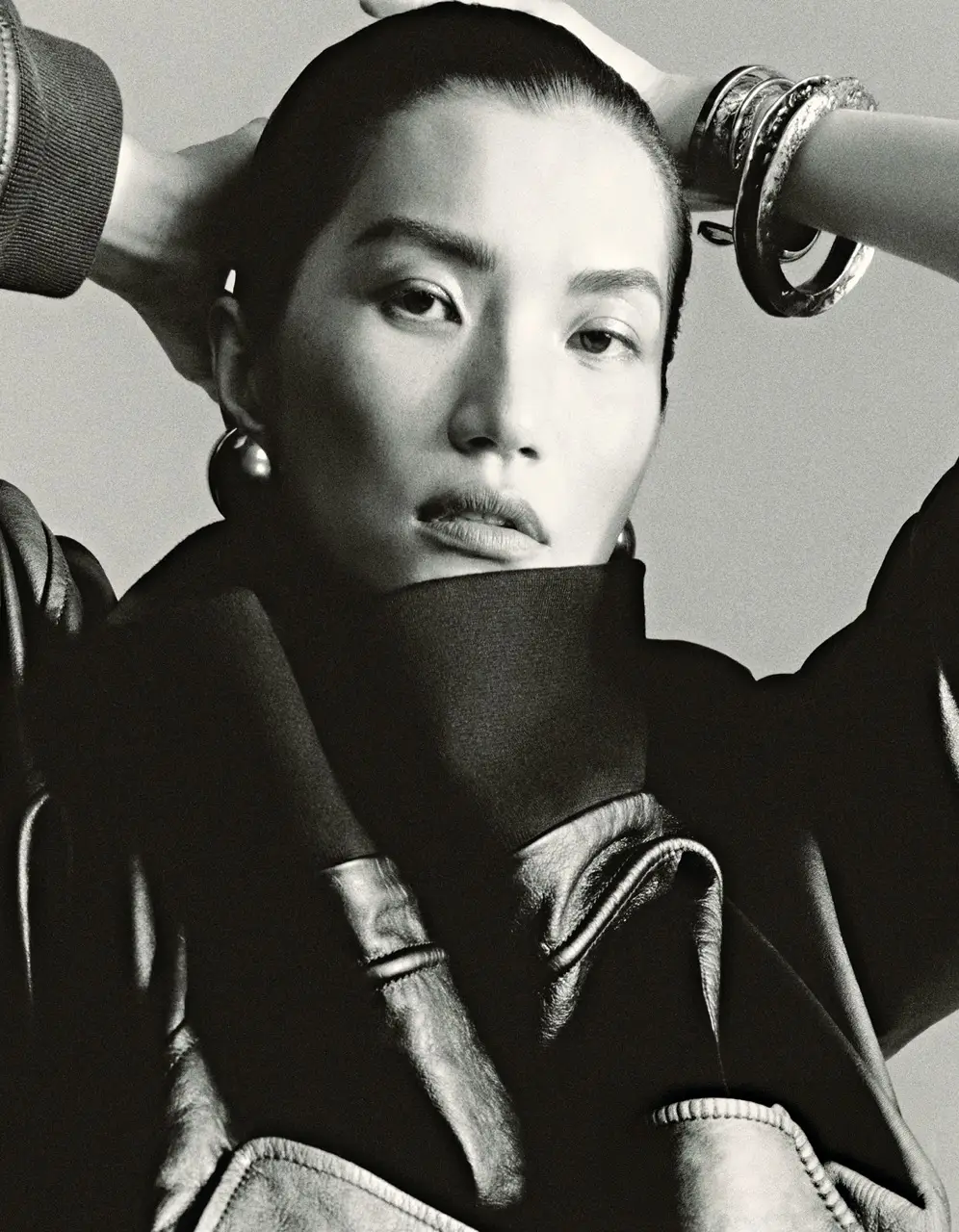 Model Danni Li black and white portrait for Marie Claire China